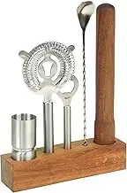 Muddler Cocktails Set - 6-Piece Bartender Kit (Muddler, Jigger, Bar Spoon, Opener, Strainer & Wood Base) - Acacia Wood Muddler & Stainless Steel Bar Tools for Home Bartending