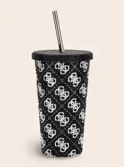 GUESS Black Silver Quattro G Travel Tumbler Cup