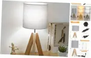 Small Bedside Table Lamp, Wooden Tripod Modern Table Lamp with Grey Linen