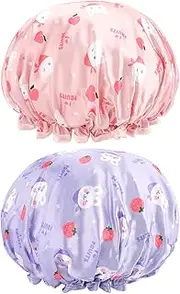 2PCS Double Layer Kid Girls Bath Cap, Waterproof Bath Shower Cap, Lovely Bow Children's Pure Color Shower Hat (Pink and Light Purple)