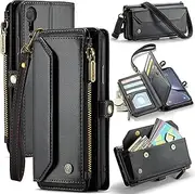 ELEPIK for iPhone XR Case, Adjustable Crossbody Wallet Case with Card Holder, Kickstand, [RFID Blocking] [Crossbody & Wrist Strap] Durable PU Leather Magnetic Phone Case, Black