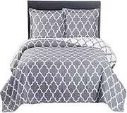 Royal Tradition Meridian-Grey Reversible Coverlets, Full Over-Sized 3pc Quilt Set (92-Inch Wide x 96-Inch Long) Lightweight Bedspread