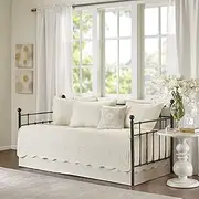 Madison Park Daybed Cover Set-Trendy Damask Quilting with Scalloped Edges All Season Luxury Bedding with Bedskirt, Matching Shams, Decorative Pillow, 75"x39", Tuscany Cream, 6 Piece