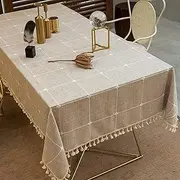 Tablecloth, Rectangle Table Cloth Cotton Linen Wrinkle Free Anti-Fading Checkered Embroidery Tablecloths Dust-Proof for Kitchen Dining Party(Rectangle/Oblong, 55''x86'',6-8 Seats, Light Brown)