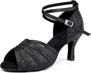 RUYBOZRY Tanzschuhe Damen Latein Glitzer Strass Bachata Salsa Tanzschuhe Damen Wildledersohle mit 7,5 cm Absatz