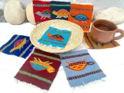 Zapotec Rug Mug Coaster, Hand Woven Set of 8 Turtle Coaster, Mini Rug & Storage