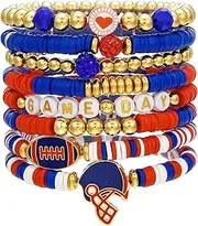 Game Day Bracelets for Women Men Red Black Blue Heishi Clay Beaded Stretch Bracelets Stackable Sports Football Charm Bracelet Football Mom Outfit Jewelry