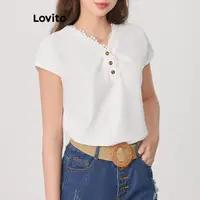 在飛比找蝦皮商城優惠-Lovito 女士休閒素色布料拼接荷葉領 T恤 L83ED0