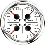ARTILAURA 4In1 AUTO Gauge Oil Pressure Water Temp 240-33ohm/0-190ohm Fuel Gauge Volt 85mm 3 3/8" Multifunctional Electric Meter for Car Marine Boat (White)
