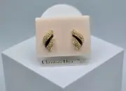 Vintage Christian Dior Earrings Gold Tone Black Enamel & Pave Set Crystal Studs
