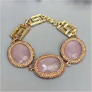 LAnGSHAW 16x29mm Faceted Pink Jade Oval Shape Trimmed with Rhinestone Chain Bracelet Stone Beads Bracelets