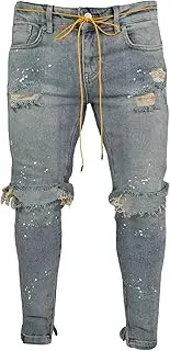 [Zylphorix] Men Slim Fit Bike Denim Pants with Holes Mid Waist Casual Ripped Skinny Jeans Y2K Classic Comfy Pencil Trousers, Light Blue, Small