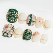 Sun&Beam Nails Handmade Short Round Green Gold White False Nail Tips with Cute 3D Flower Popular Charm Design Press On Nails 10 Pcs (#76 M)