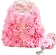 TENGZHI Cute Small Dog Harness and Leash Set Pink Lace Floral Girl Puppy Harness for Small Dogs Cats Soft Mesh Small Sized Dog Vest Harness Escape Proof Pet Cat Harness Outfits