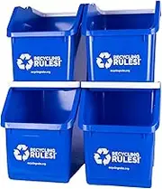 Recycling Rules 6 Gallon Stackable Recycling Bin Container in Blue, Eco-Friendly BPA-Free Handy Recycler with Handle, 4-Pack