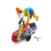 Vintage Clockwork Collectible Clown Riding A Motorbike Wind Up Metal Tin Toys