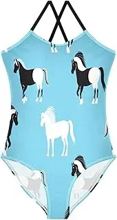 [RPLIFE] White Black Horses Light Sky Blue Kids Swimwear Girls, Summer Beach Swimsuit Girls, 3-10