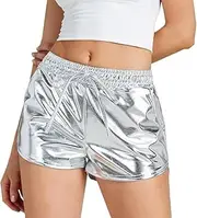 [Generic] Sexy Metallic Shorts for Women Elastic Waist Shiny Reflective Short Pants with Drawstring