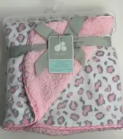 NWT Just Born Pink White Grey Cheetah Leopard Print Velour Sherpa Baby Blanket
