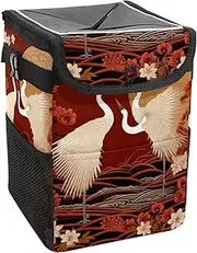 Car Trash Can with Lid and Storage Pockets Leak-Proof Organizer,Waterproof Garbage Can,Crane with Floral Red Background