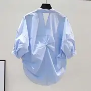 Elbow-Sleeve Collared Plain Backless Shirt Sky Blue - XL