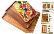 Acacia Wood Serving Tray Set of 3 - Ottoman Tray, Ergonomic Back Handles,