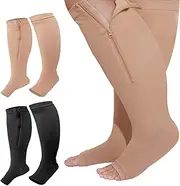[Hillban] 2 Pair Plus Size Calf Zipper Compression Socks 15 to 25 Mmhg Open Toe Compression Stockings for Overweight Women Men