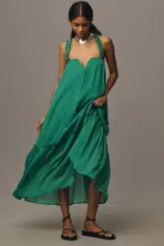 NWT By Anthropologie L Sleeveless Chiffon Midi Dress Size Large Green Maxi New