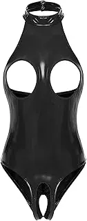 [Vxuxlje] Womens Patent Leather Cut Out Lingerie Bodysuit Halter Neck Open Crotch High Cut Catsuits