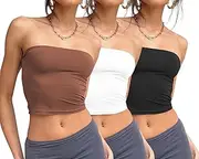 LeoLeozz Women's 3-Piece Sleeve Top with Umbilical Waist Strapless Basic Style Strap up Bra Summer Set (Medium,Black,White,Coffee)