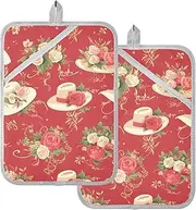 Kitchen Pot Holders Heat Resistant Red Elegant Flower Hat Potholder with Pockets Hot Pad Holders for Kitchen Oven Mitts 2 Pack