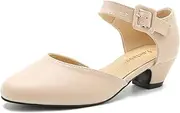 [Enelauge] Women's Closed Toe Low Block Heels Ankle Buckle Strap D'Orsay Pumps Comfortable Chunky Heel Dress Work Church Shoes