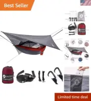 Double Camping Hammock 118"x79" with Bug Net & Tree Straps - Lightweight Gray