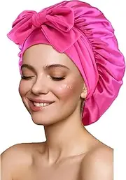 Satin Silk Hair Bonnet for Sleeping Large Bonnets with Tie Band Wrap with Adjustable Straps Night Sleep Caps for Women Curly Braid Hair Hot Pink