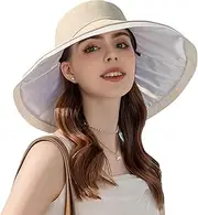 [ZUNGGWOK] Sun Hats for Women UV Protection Wide Brim Bucket Hat Foldable Travel Beach Hats with Windproof Tether (Khaki)