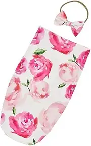 SHOWERORO Swaddle Elastic Infant Sleeping Bag Rose Flower Print and Bowknot Headband for Daily Wear