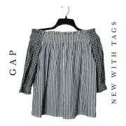 1477. GAP OFF SHOULDER TOP SMOCKING STRIPES PATTERN GRAY/BLACK/WHITE IN COLOR