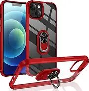 Cavor for iPhone 14 Case,Clear PC Case TPU Bumper Protective Cover 360°Rotation Ring Holder Kickstand [Work with Magnetic Car Mount] (6.1")-Red
