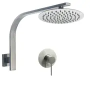 WELS Brushed Silver 8" Round Rainfall Shower Head & Brass Gooseneck Wall Arm Set
