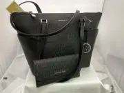 MICHAEL KORS CHARLOTTE LARGE TOP ZIP BAG TOTE Black SIGNATURE TRIFOLD WALLET