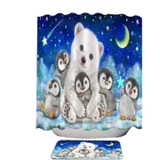 Kids Cute Animal Drawings Polar Bear and Penguins Shower Curtain