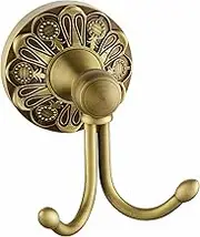 Lucyound Antique Gold Double Hook for Bathroom, Longhorn Robe and Towel Hook, Heavy Duty Wall Hook Screw in, Vintage Decorative Bathroom Accessories, Brass Petal-Relief Series