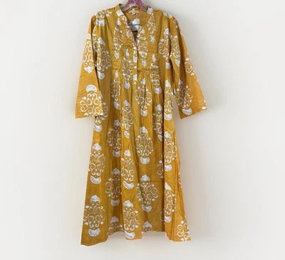 Caravanserai Cotton Voile Yellow Gold Indian Block Print Tunic Dress M NEW