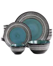 Elama Blue Sage 16pc Double Bowl Stoneware Dinnerware Set