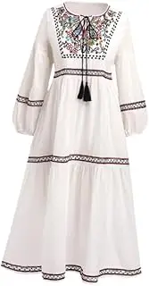 [yuksok] Bohemian Long Sleeve Dress Loose Cotton Linen Traditional Round Neck Boho Dress