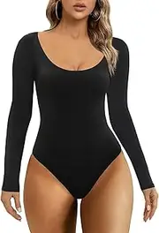[SHAPERX] Bodysuit tops for Women Second-skin Feel Short Sleeve T-shirt Body Suits Stretchy Scoop Neck Thong Jumpsuit