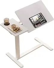 Height Adjustable Overbed Bedside Table with Hidden Wheels, Rolling Laptop Standing Desk with Cup Holder, Portable Hospital Bed Side Tables, Mobile Pneumatic Computer Cart, White(Left)