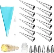 Rstigiker 21 Pcs Cream Horn Molds Screw Croissant Mold Stainless Steel Pastry Cones Moulds Cannoli Form Spiral Cake Bread Rolls Tubes with 1 Silicone Pastry Bag 6 Nozzles 1 Cleaning Brush 1 Coupler