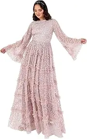 [Maya Deluxe] Women's Maxi Ladies Modest Round Neck Long Bell Sleeve Sequin Embellished Tiered Ruffle A-line Bridesmaid Prom Dress