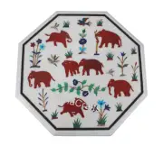 Elephant Pattern Inlay Work Coffee Table Top Octagon Marble Sofa Side Table